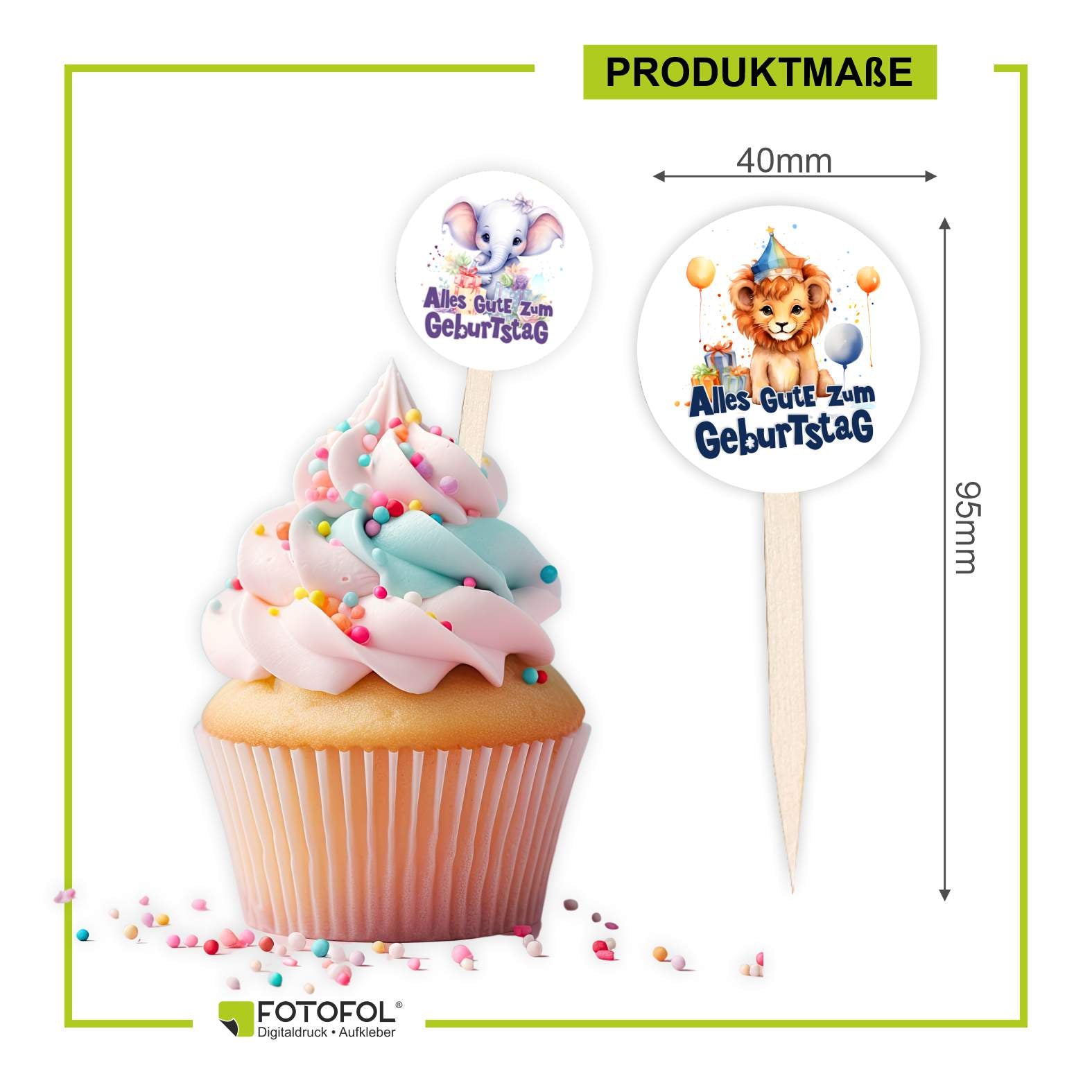 Cupcake Stecker 12er Set aus Holz mit Aufklebern - FOTOFOL