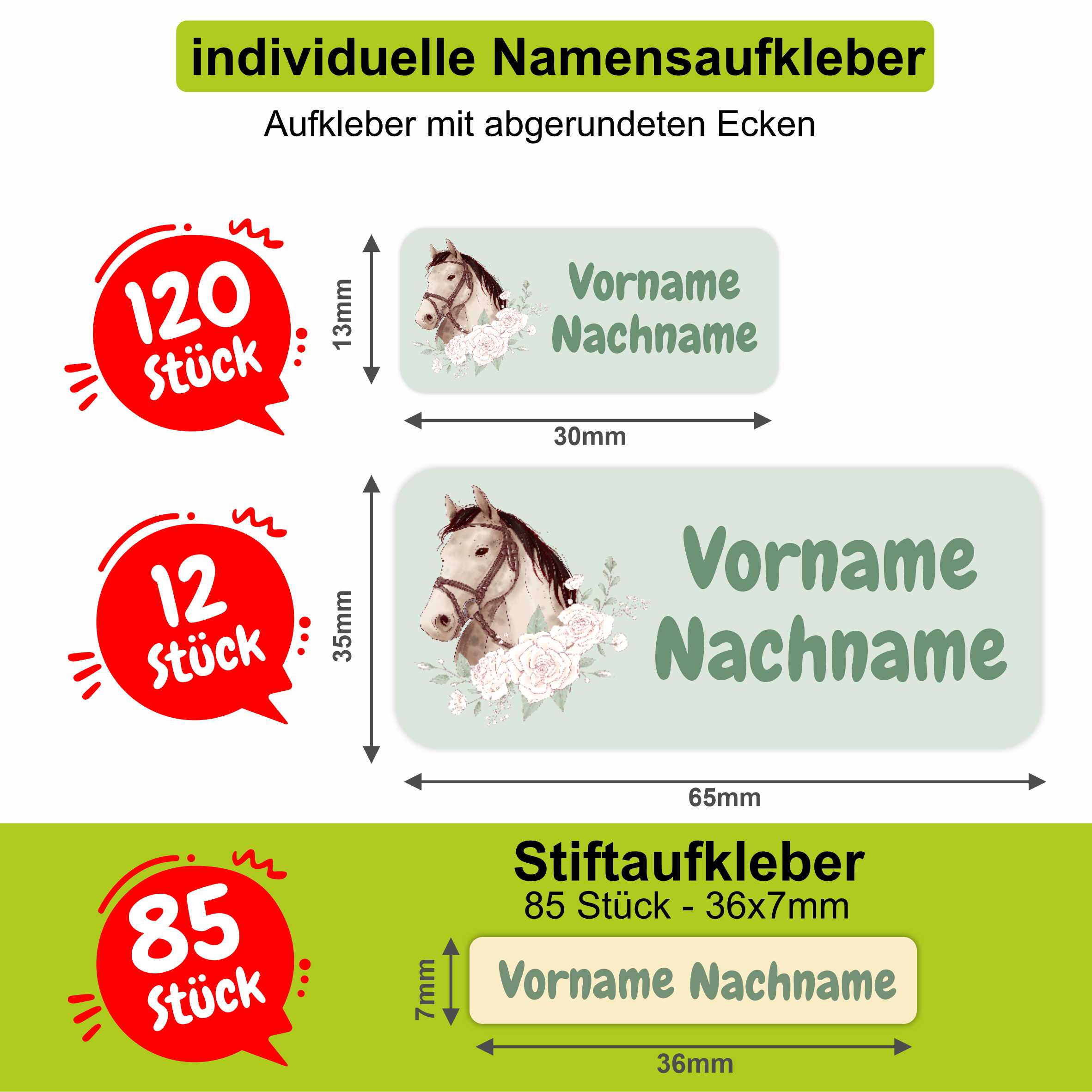 Namensaufkleber Set - personalisiert mit Wunschname für Stifte und alle Schulsachen - Pferde - FOTOFOL