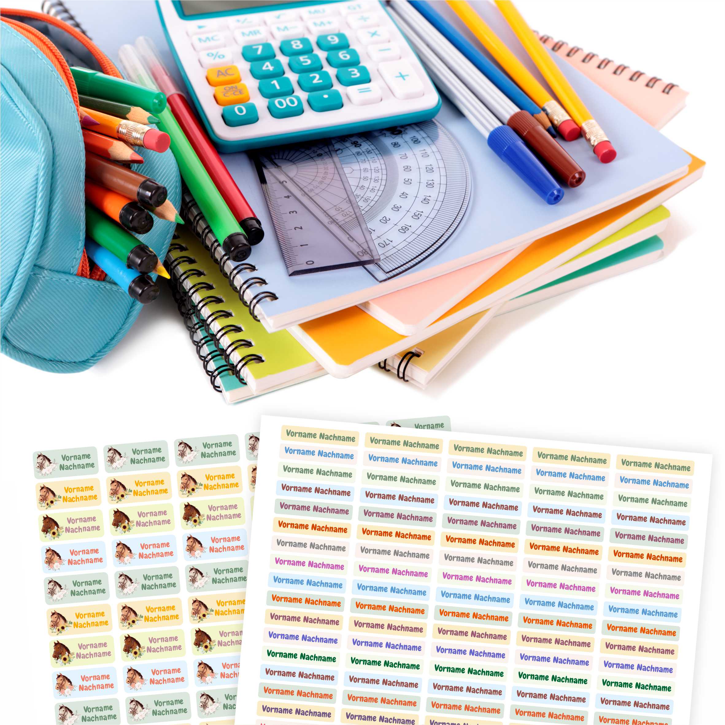 Namensaufkleber Set - personalisiert mit Wunschname für Stifte und alle Schulsachen - Pferde - FOTOFOL