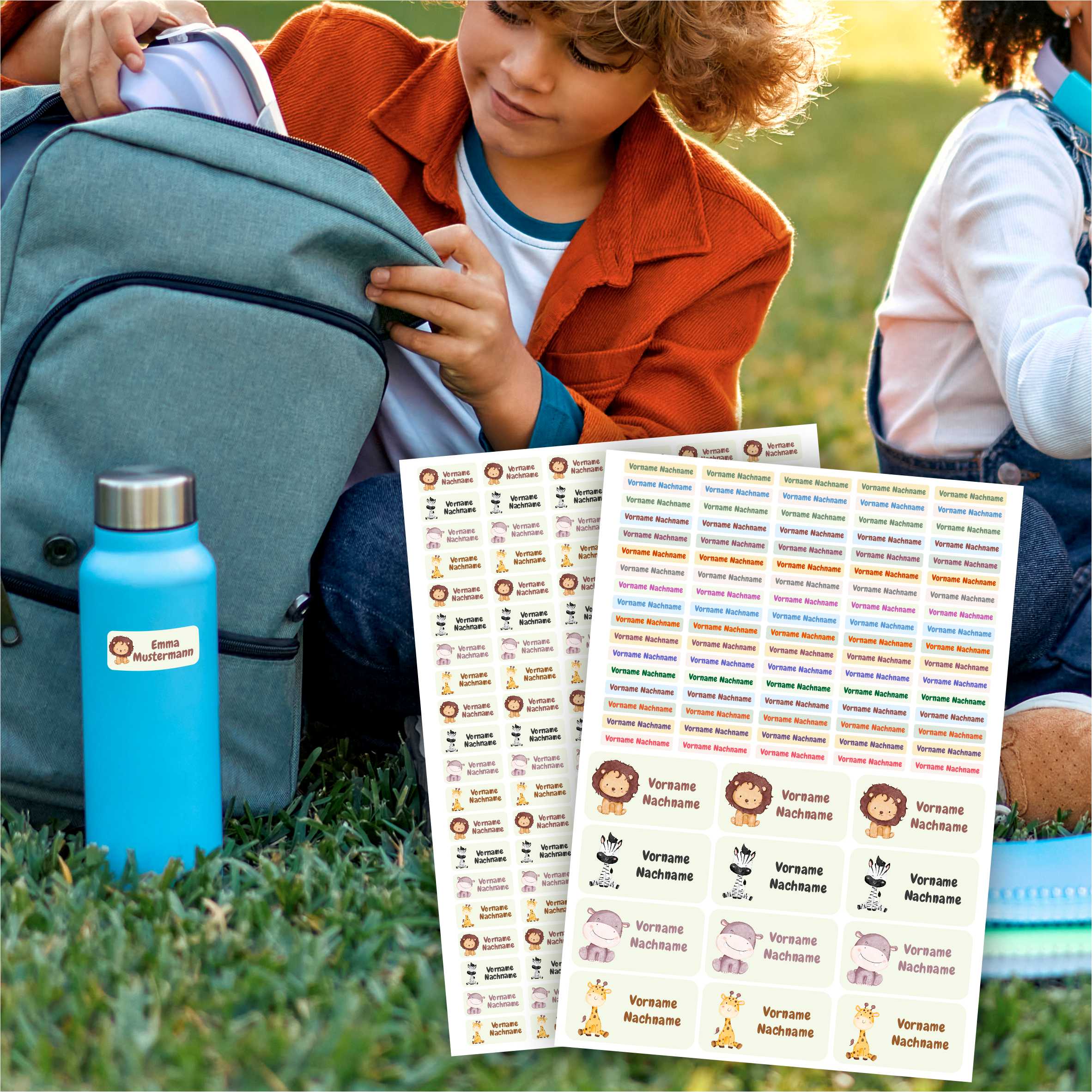 Namensaufkleber Set - personalisiert mit Wunschname für Stifte und alle Schulsachen - Safari - FOTOFOL