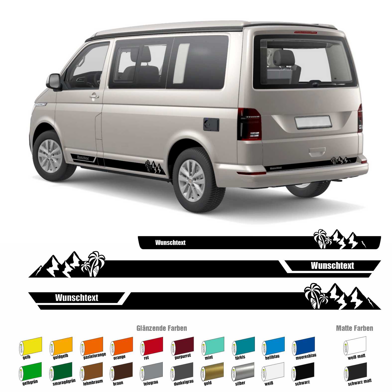 Seitenstreifen Aufkleber Berge-Palme-Surfbrett passend für VW T6.1, T6, T5, Multivan, Bulli, Transporter - mit WUNSCHTEXT - FOTOFOL