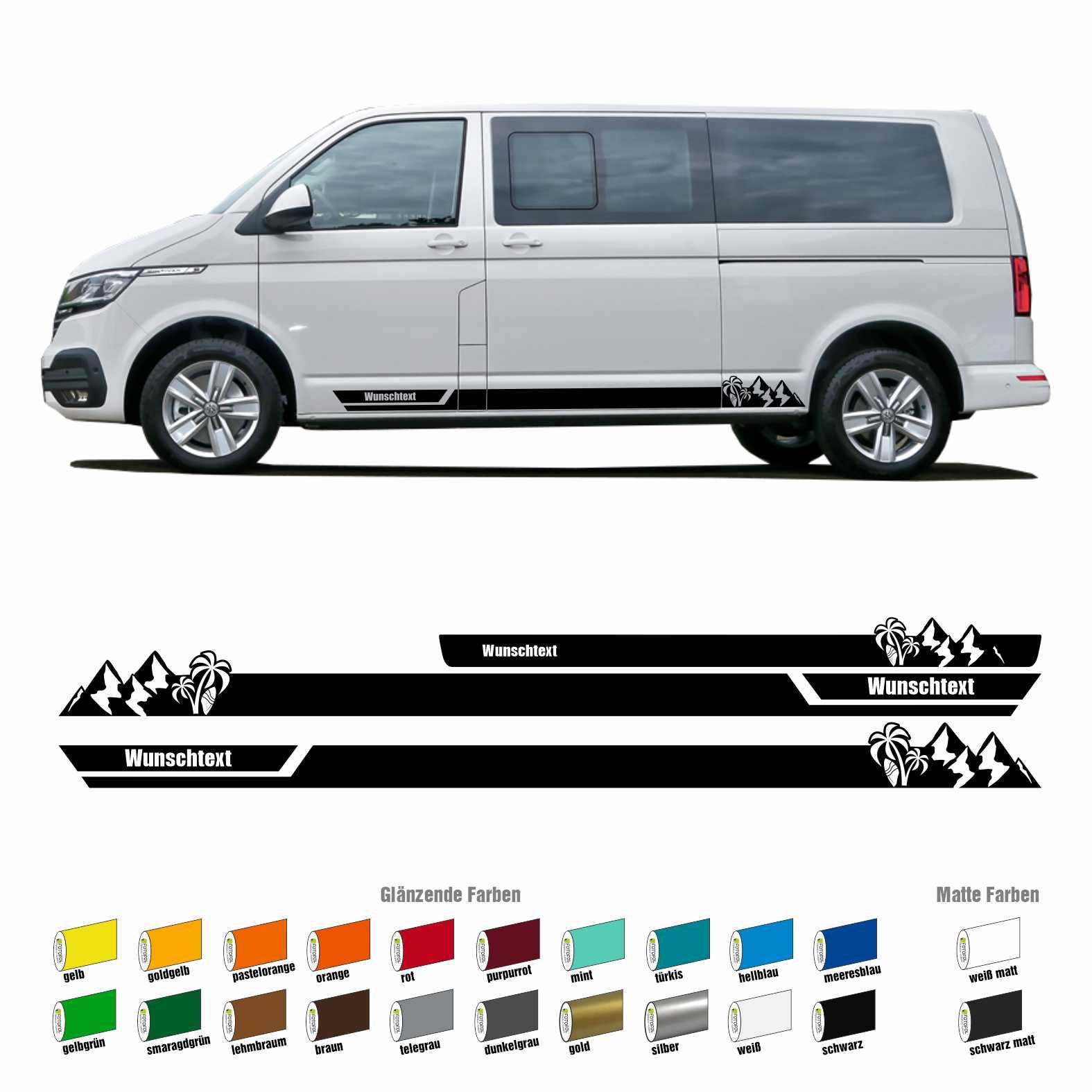 Seitenstreifen Aufkleber Berge-Palme-Surfbrett passend für VW T6.1, T6, T5, Multivan, Bulli, Transporter - mit WUNSCHTEXT - FOTOFOL