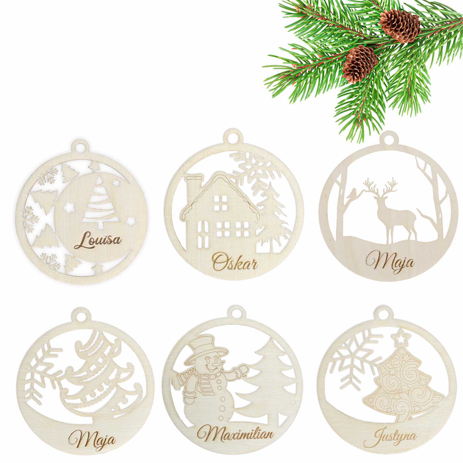 6er Set  Weihnachten Kugel Anhänger aus natürlichem Birkensperrholz mit Wunschnamen - FOTOFOL