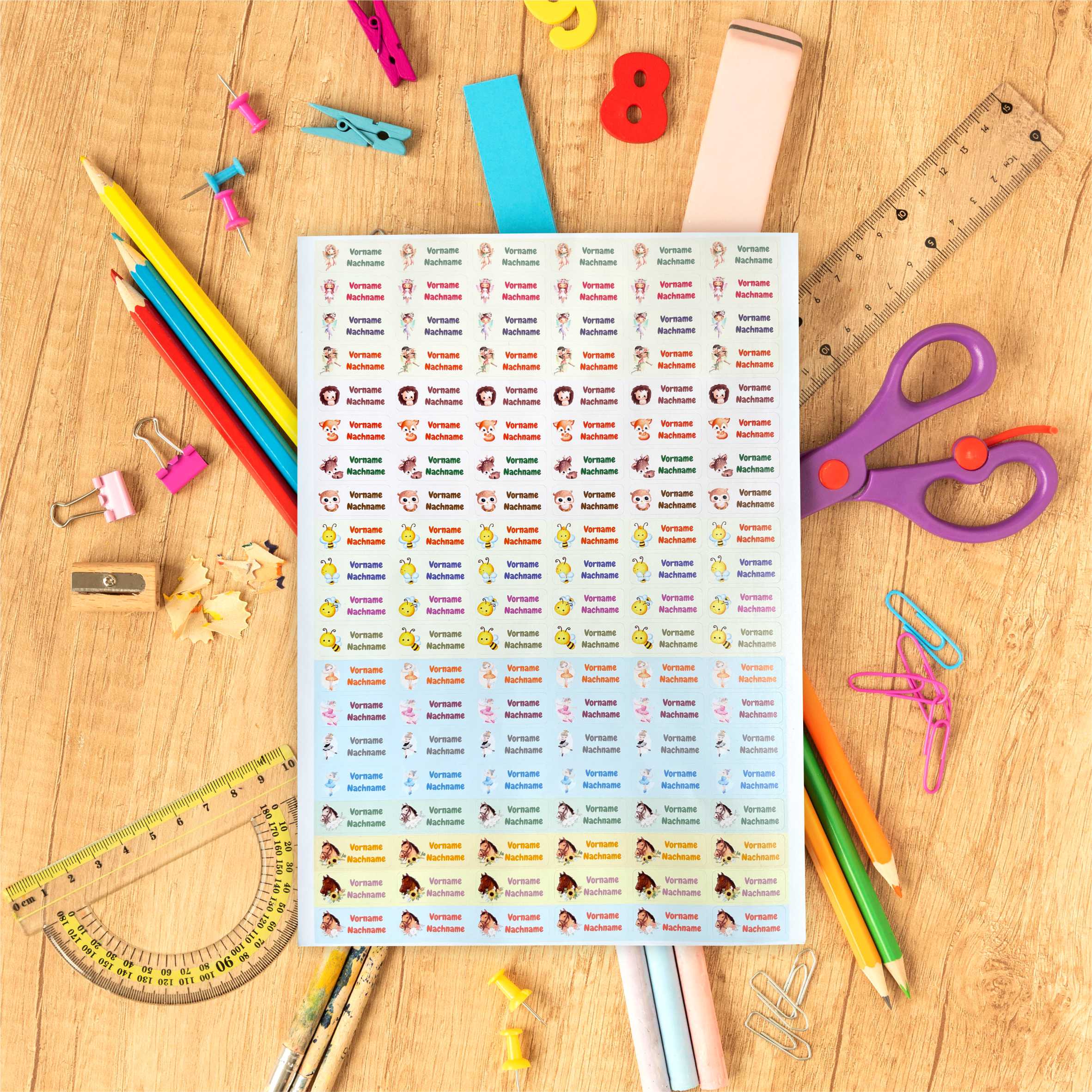 Namensaufkleber Set - personalisiert mit Wunschname für Stifte und alle Schulsachen - Tiere - FOTOFOL
