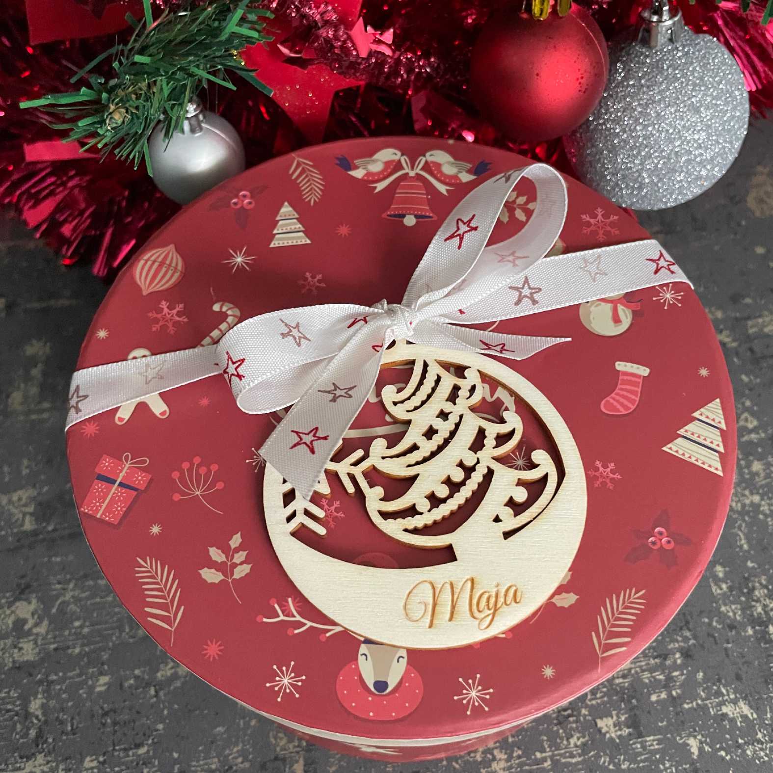 6er Set Weihnachten Kugel Anhänger aus natürlichem Birkensperrholz mit Wunschnamen - FOTOFOL
