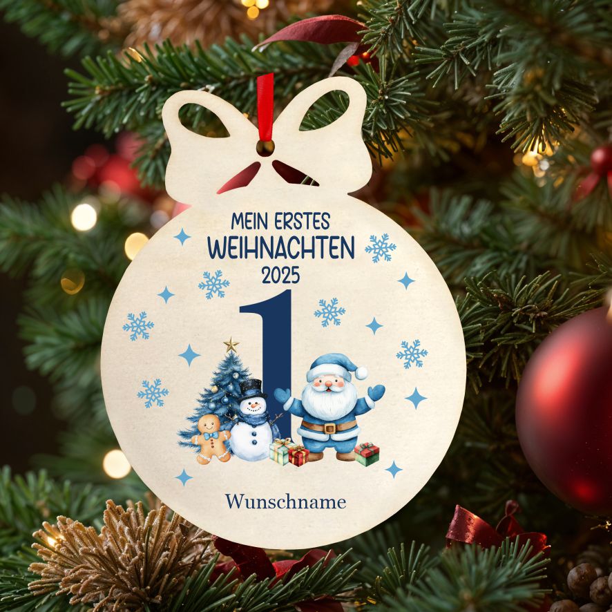 Personalisierte bunte Holz-Weihnachtskugeln - Erstes Weihnachten Junge - FOTOFOL