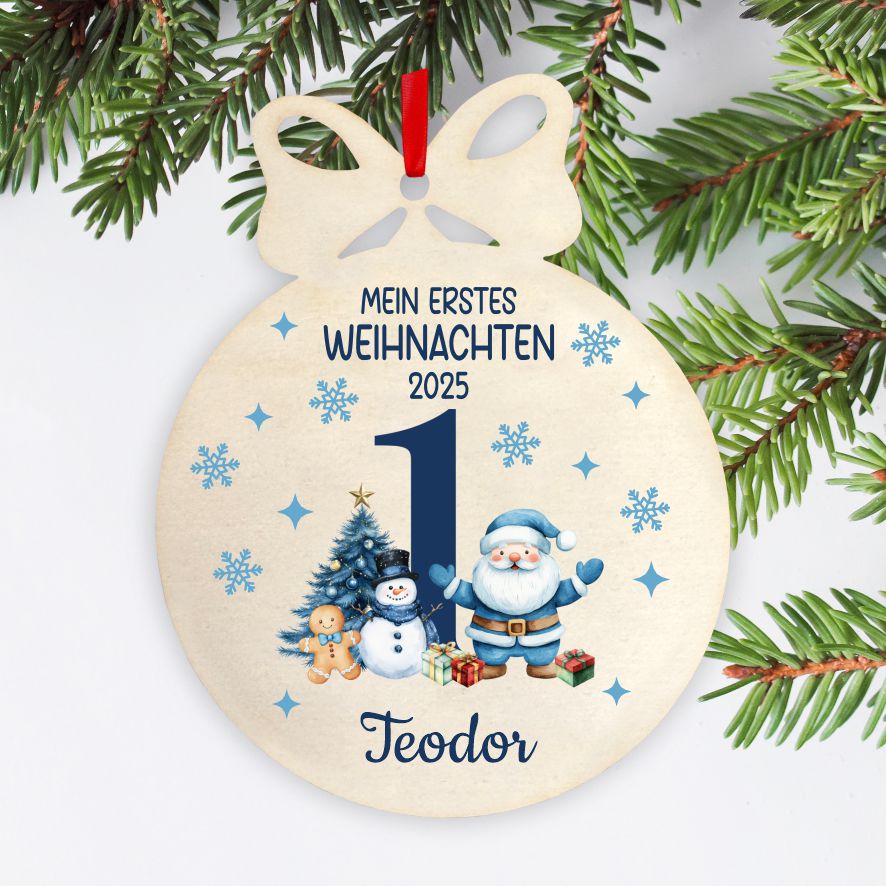 Personalisierte bunte Holz-Weihnachtskugeln - Erstes Weihnachten Junge - FOTOFOL