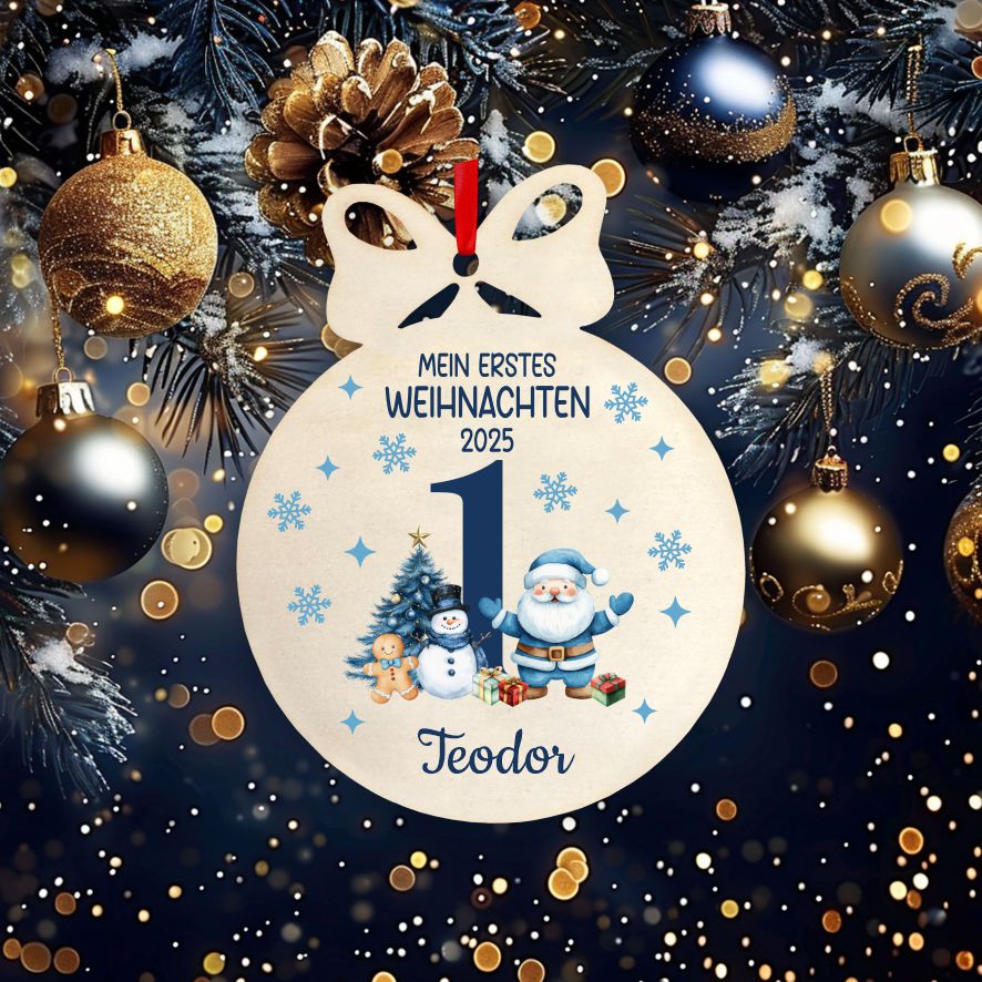 Personalisierte bunte Holz-Weihnachtskugeln - Erstes Weihnachten Junge - FOTOFOL