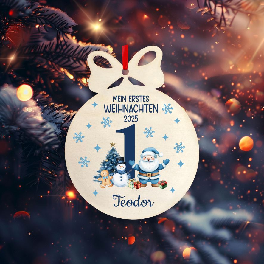 Personalisierte bunte Holz-Weihnachtskugeln - Erstes Weihnachten Junge - FOTOFOL