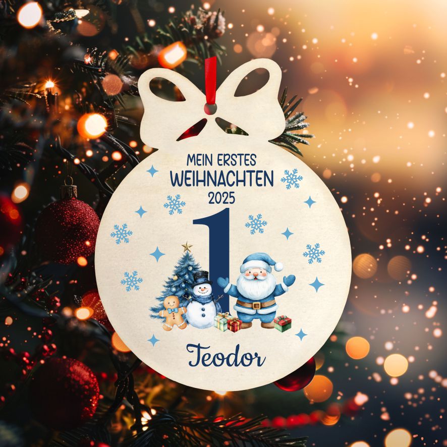 Personalisierte bunte Holz-Weihnachtskugeln - Erstes Weihnachten Junge - FOTOFOL