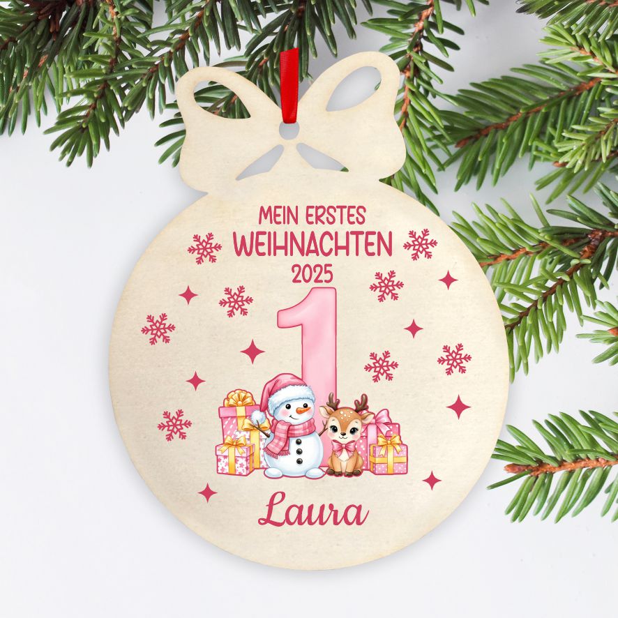 Personalisierte bunte Holz-Weihnachtskugeln - Erstes Weihnachten Mädchen - FOTOFOL