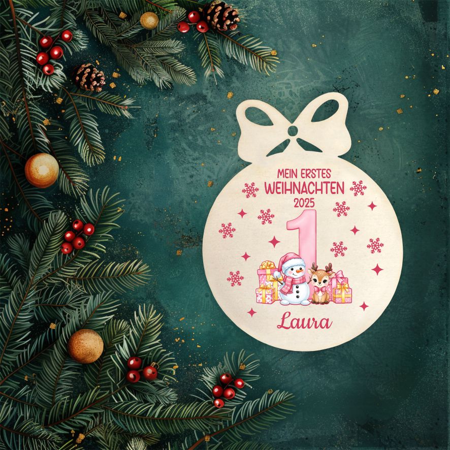 Personalisierte bunte Holz-Weihnachtskugeln - Erstes Weihnachten Mädchen - FOTOFOL