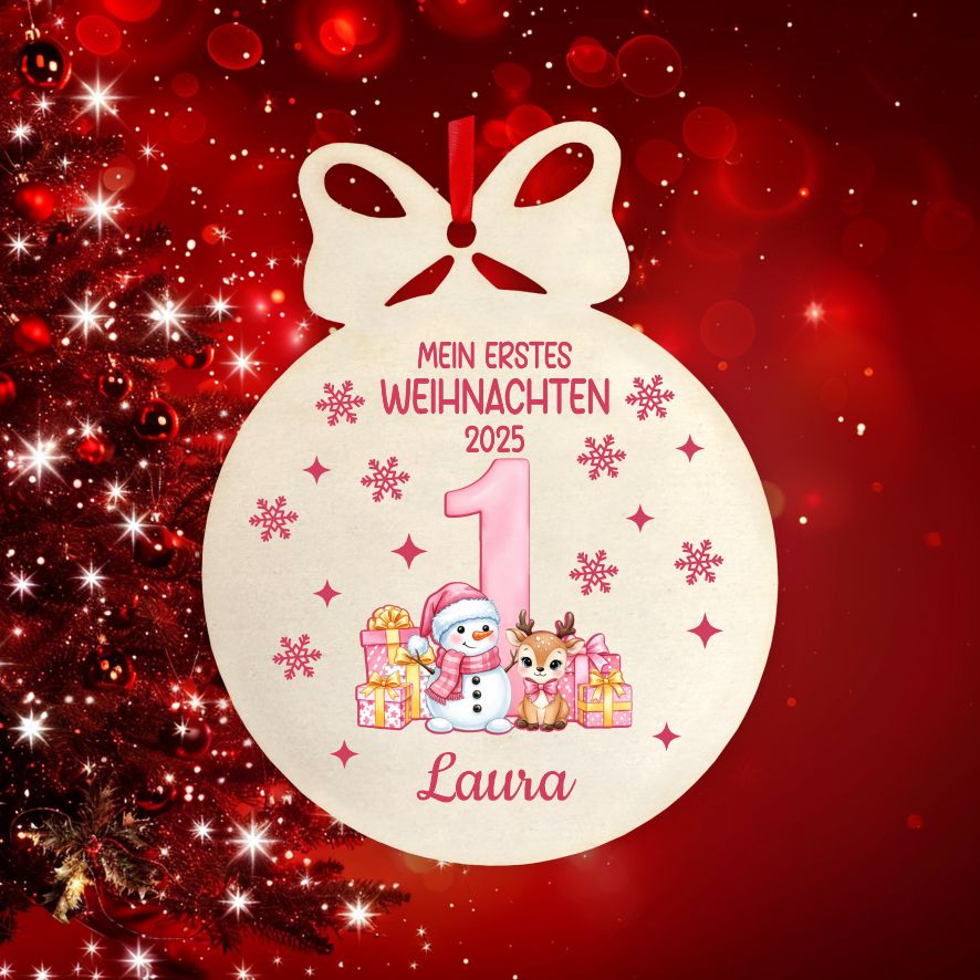 Personalisierte bunte Holz-Weihnachtskugeln - Erstes Weihnachten Mädchen - FOTOFOL