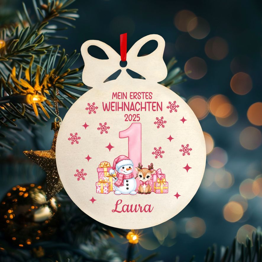Personalisierte bunte Holz-Weihnachtskugeln - Erstes Weihnachten Mädchen - FOTOFOL