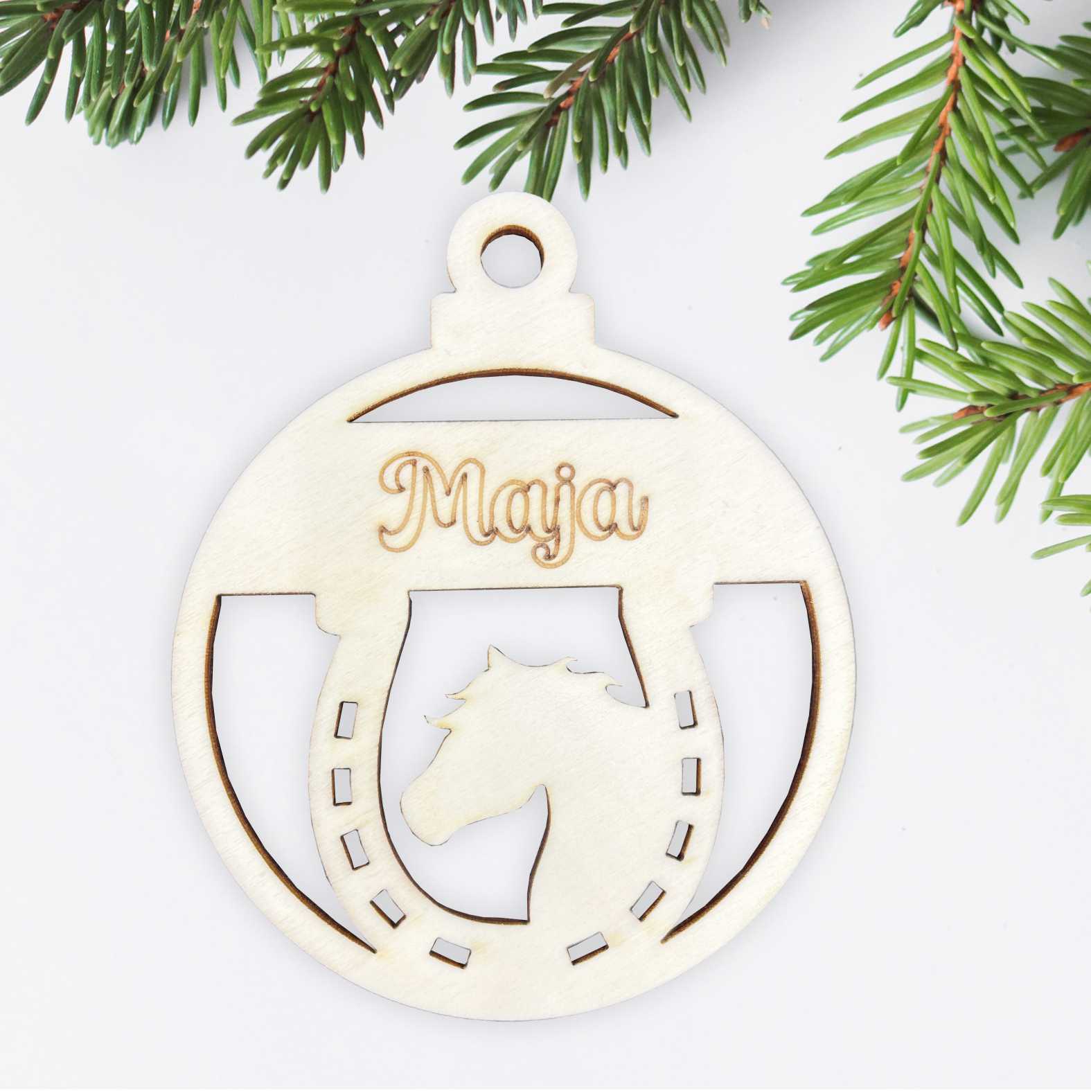 Weihnachtsbaumkugel aus natürlichem Birkensperrholz mit Namen - Pferd - FOTOFOL