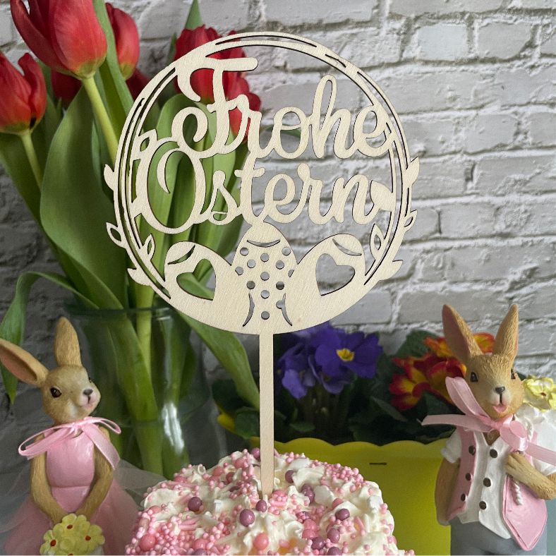 CAKE TOPPER Frohe Ostern Kranz aus Holz - FOTOFOL