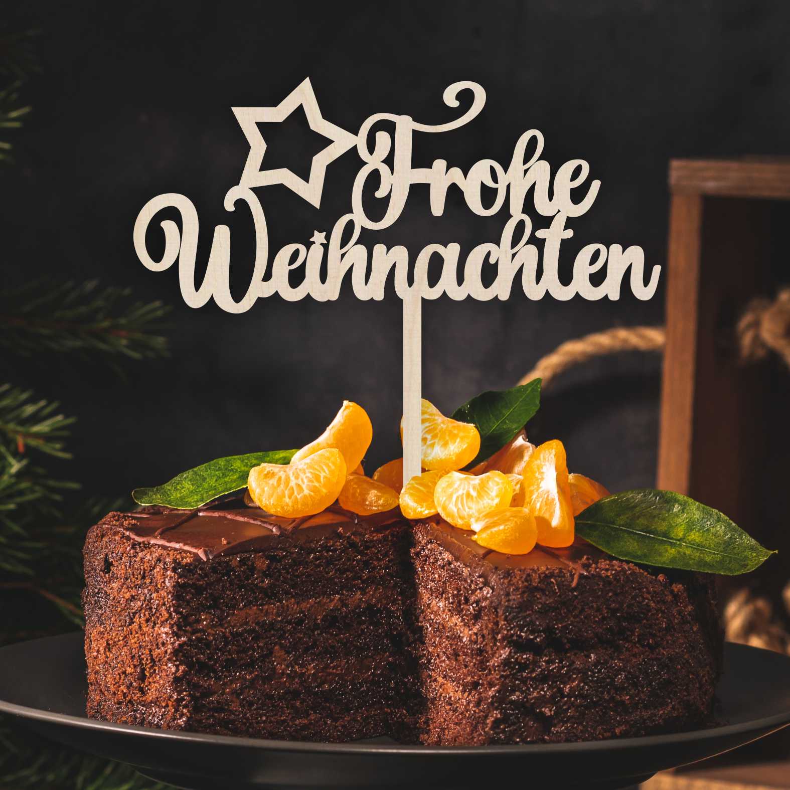 CAKE TOPPER Frohe Weihnachten Stern aus Holz - Tortendeko & Kuchendeko - Torten-stecker - FOTOFOL