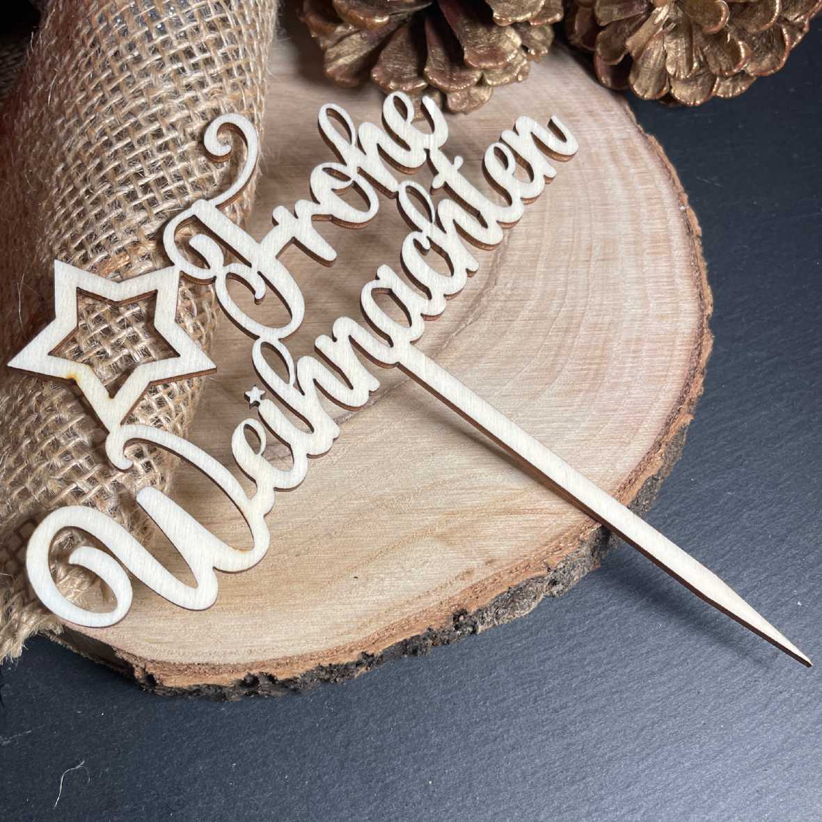 CAKE TOPPER Frohe Weihnachten Stern aus Holz - Tortendeko & Kuchendeko - Torten-stecker - FOTOFOL