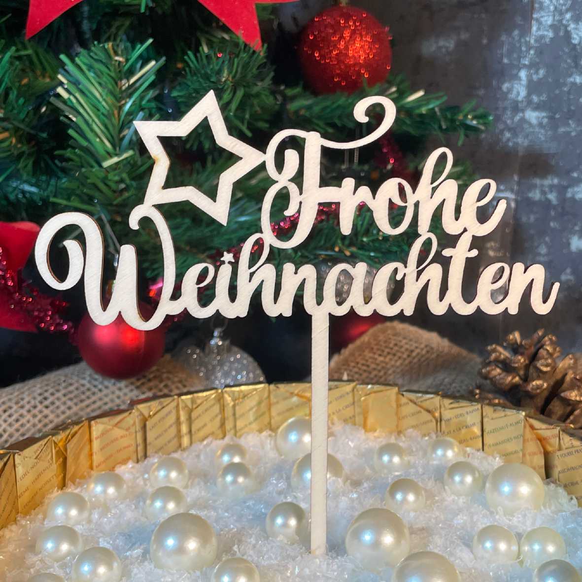 CAKE TOPPER Frohe Weihnachten Stern aus Holz - Tortendeko & Kuchendeko - Torten-stecker - FOTOFOL