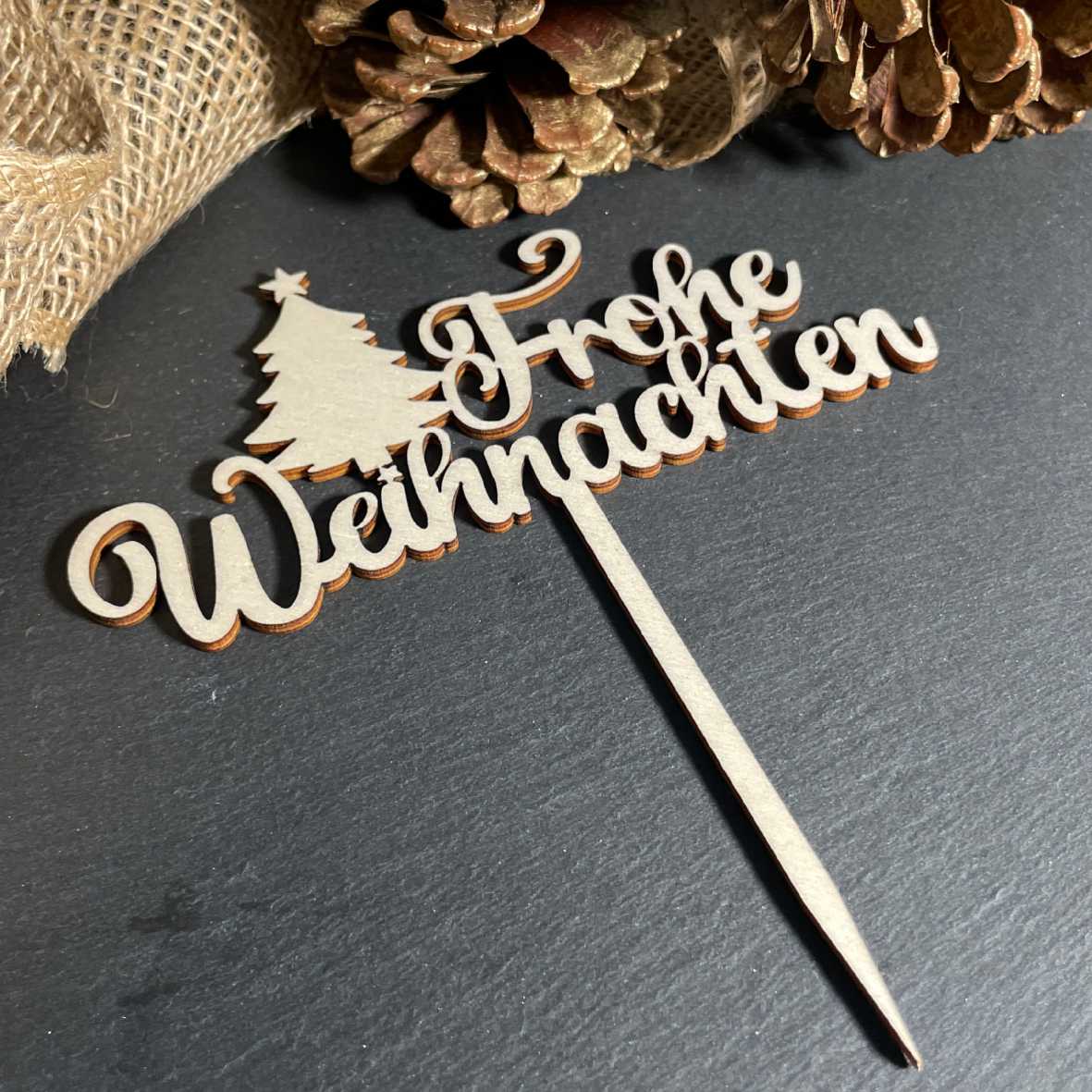 CAKE TOPPER Frohe Weihnachten Weihnachtsbaum aus Holz - Tortendeko & Kuchendeko - Torten-stecker - FOTOFOL