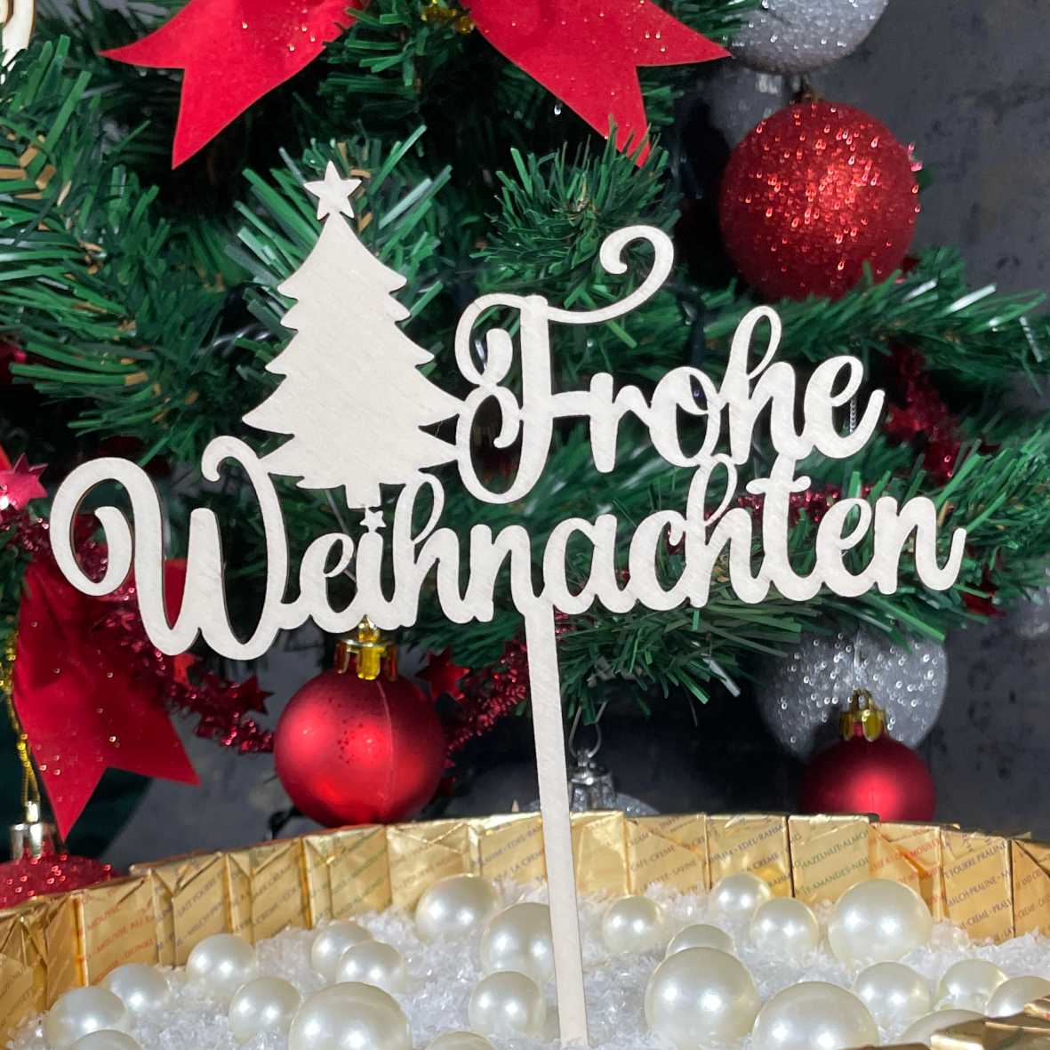 CAKE TOPPER Frohe Weihnachten Weihnachtsbaum aus Holz - Tortendeko & Kuchendeko - Torten-stecker - FOTOFOL