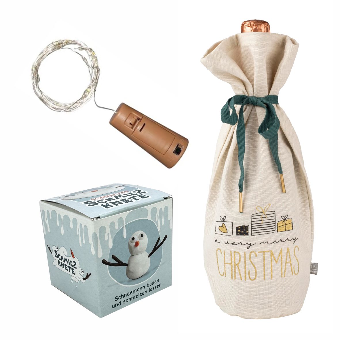 Geschenkset Flaschensack, Schneemann Schmilzknete, Flaschenlichterkette - FOTOFOL