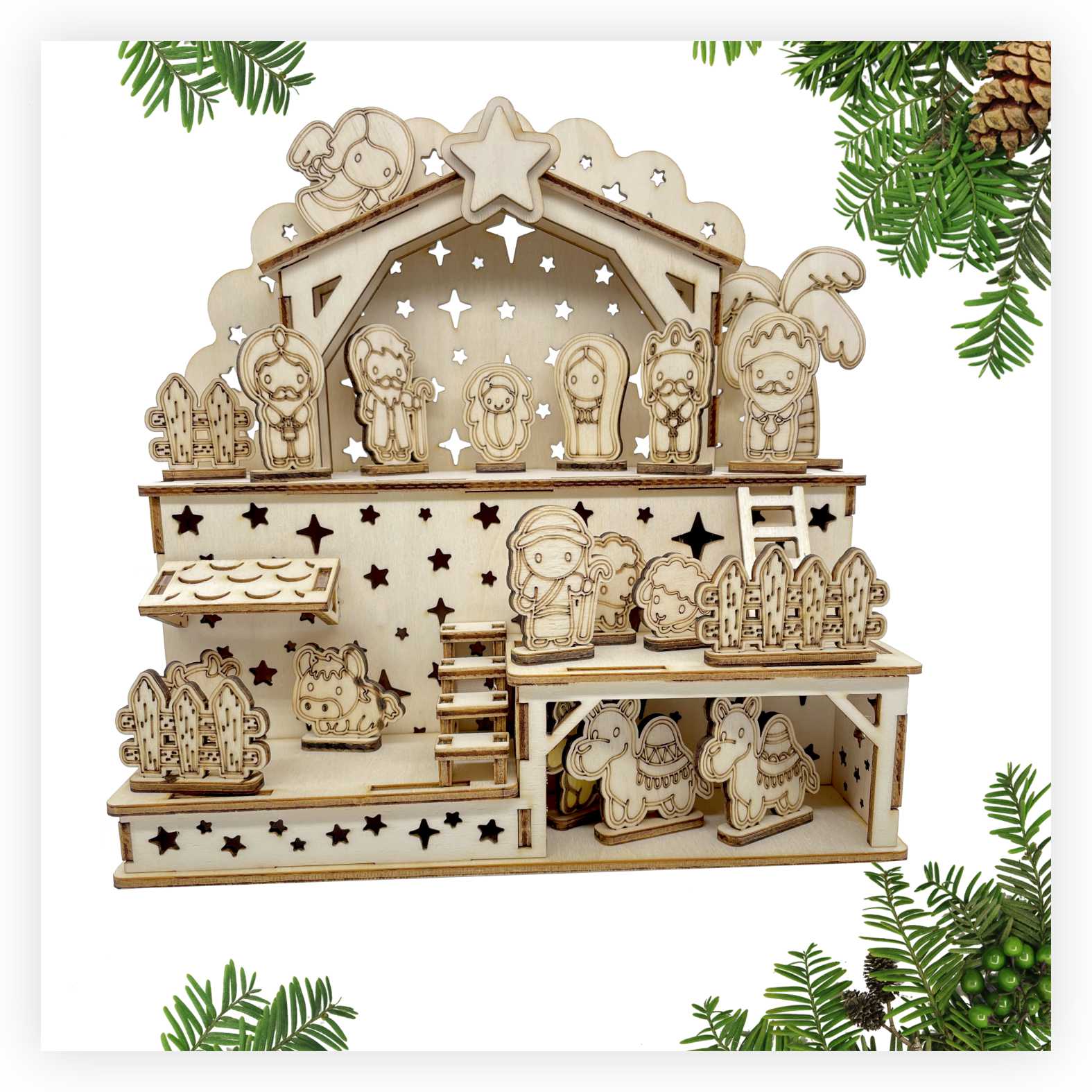 Bastelset Weihnachtskrippe aus Birkensperrholz - Große Krippe zum bemalen - FOTOFOL