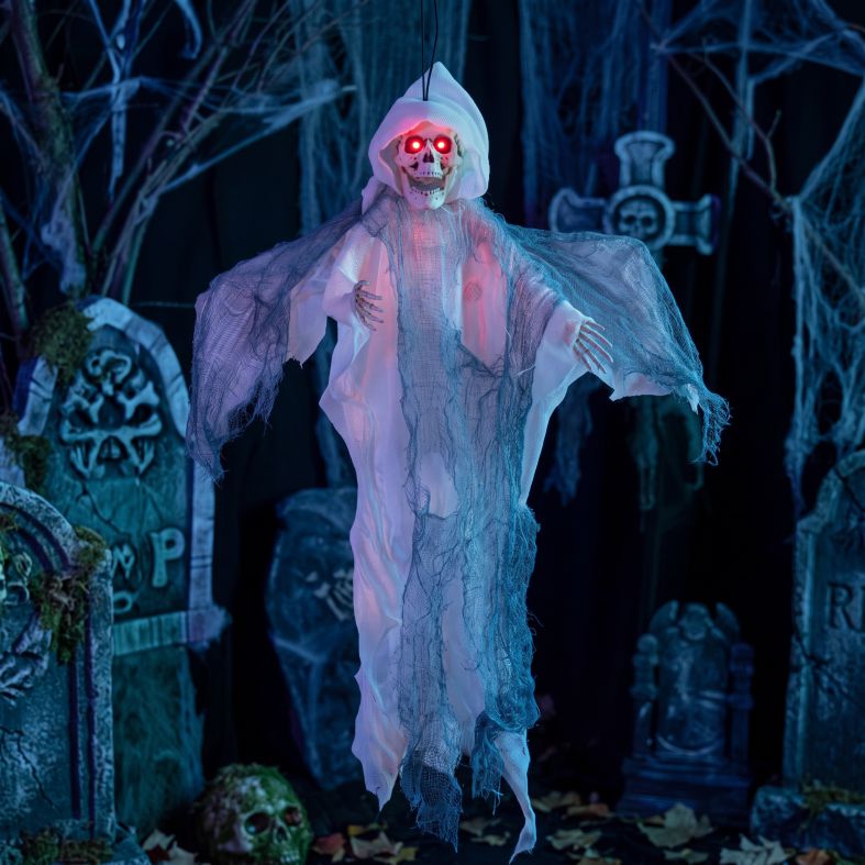 Hängender Horror-Geist mit leuchtenden Augen, Sound und Bewegung, 52 cm weiß