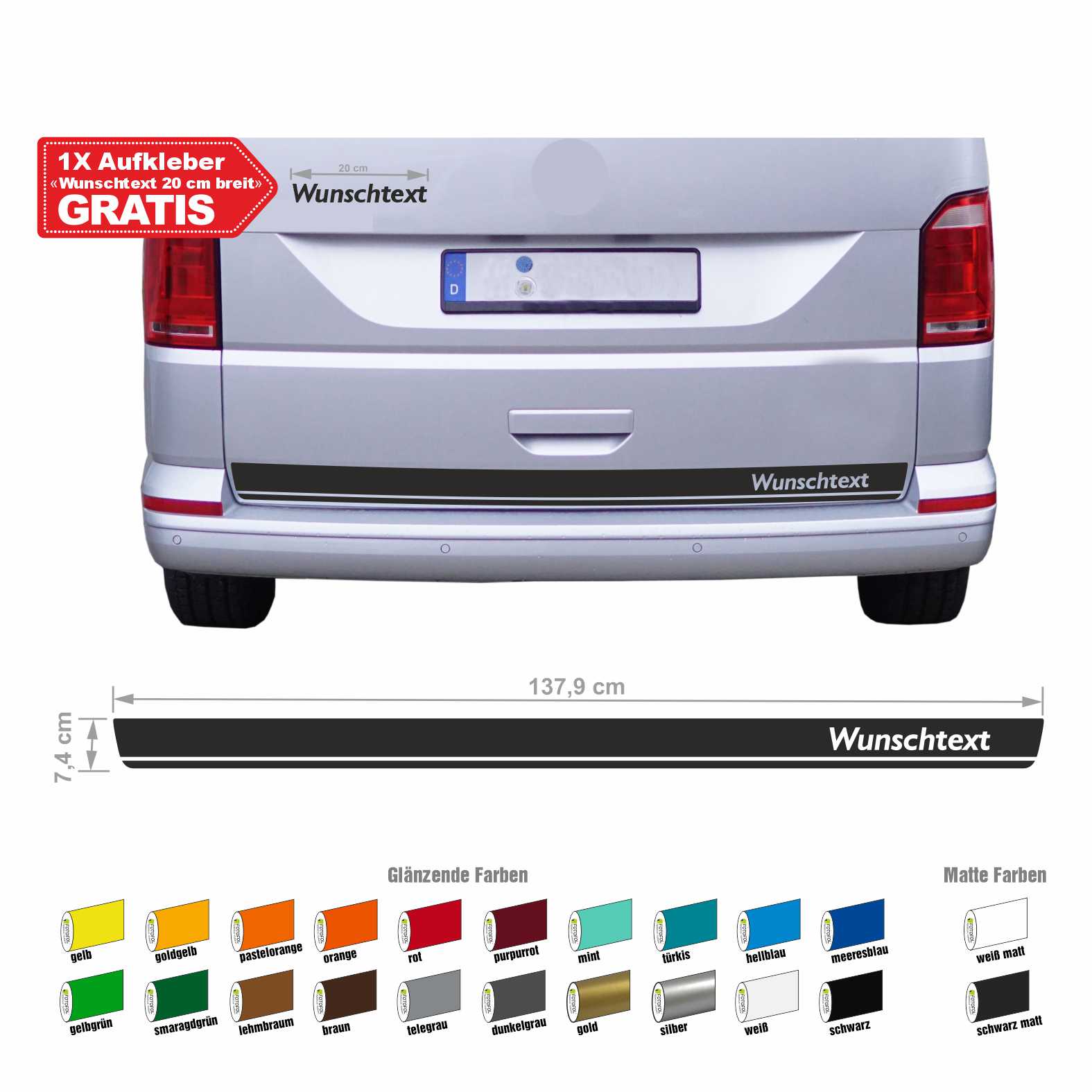 Heckstreifen Heckklappen Aufkleber Wunschtext passend für VW T6.1 T6 T5 Multivan Bulli Transporter - Streifen 2 - FOTOFOL