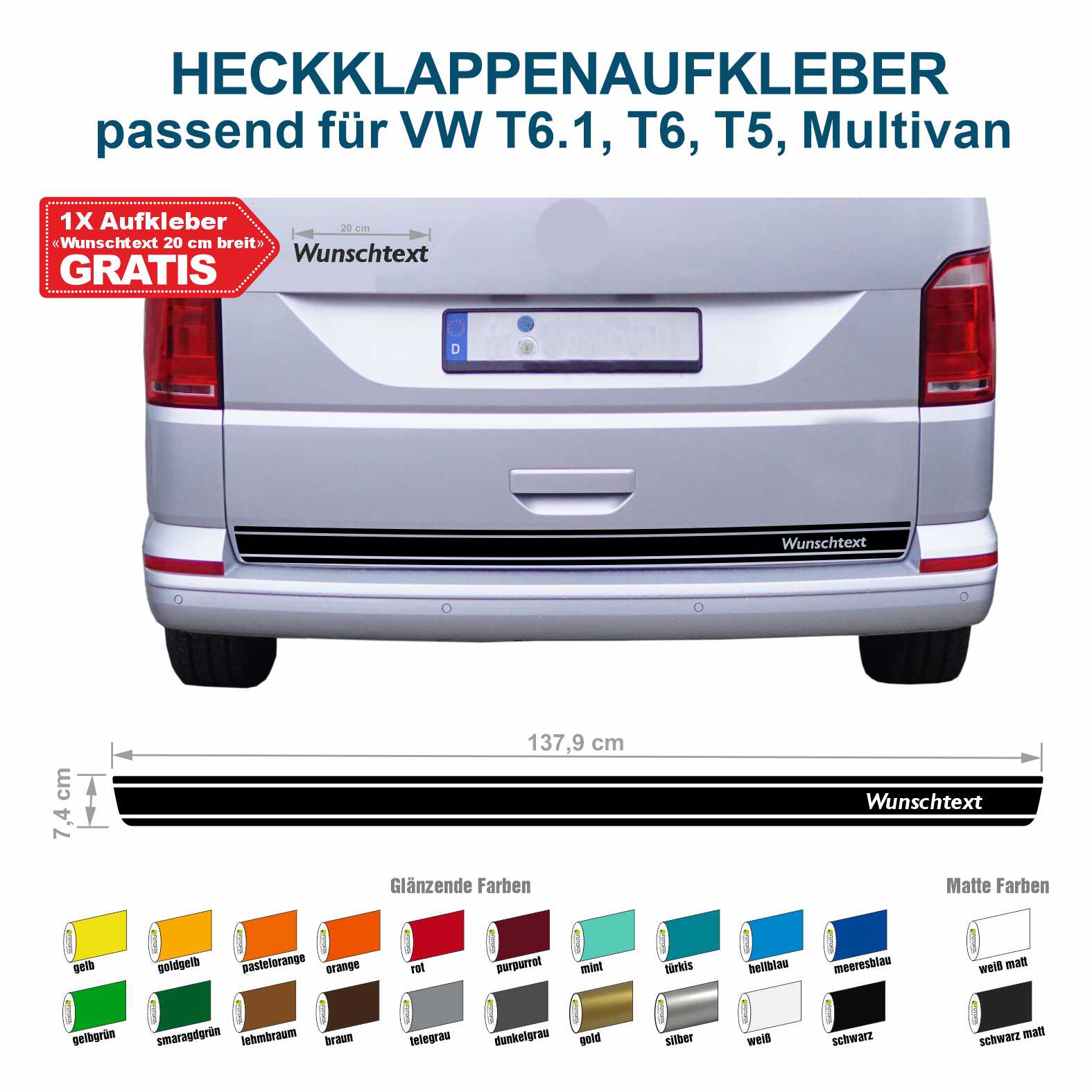 Heckklappen Heckstreifen Aufkleber Wunschtext passend für VW T6.1 T6 T5 Multivan Bulli - Streifen 3 - FOTOFOL