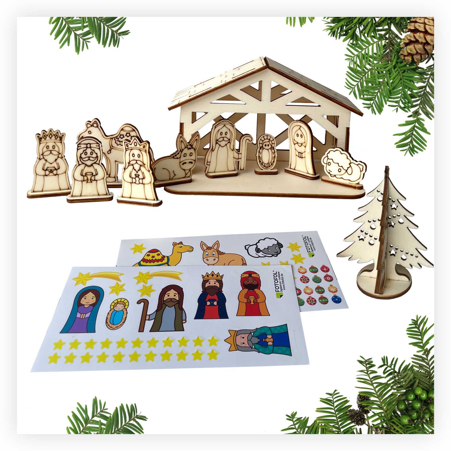 Bastelset Weihnachtskrippe aus Birkensperrholz mit Aufkleber - FOTOFOL