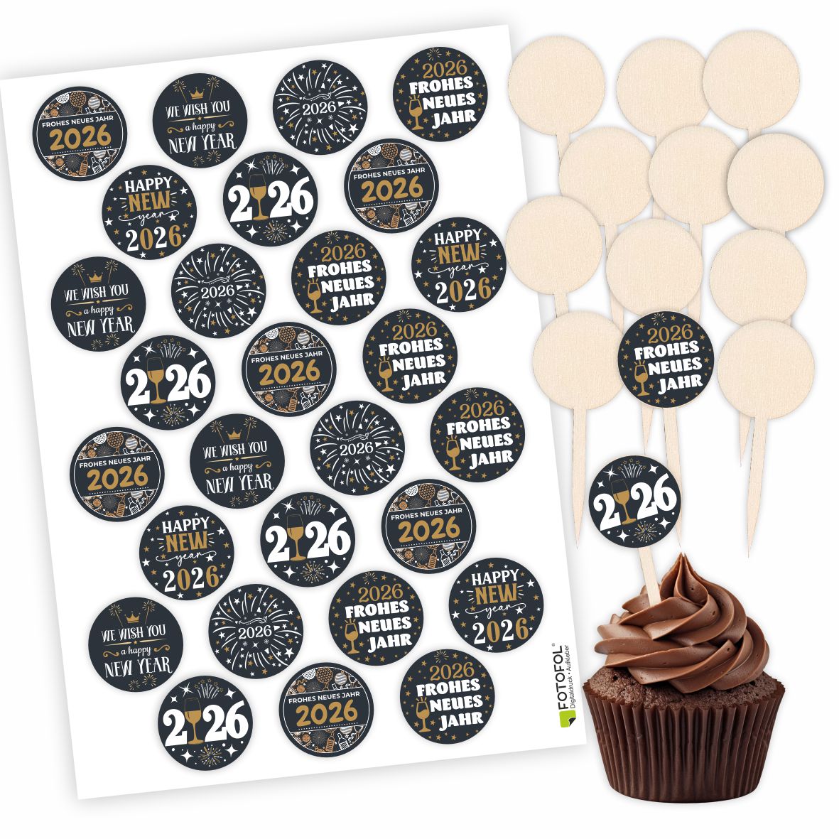 FOTOFOL - 12er Set Holz-Cupcake-Stecker mit 28 Aufklebern für festliche Muffins und Donuts.