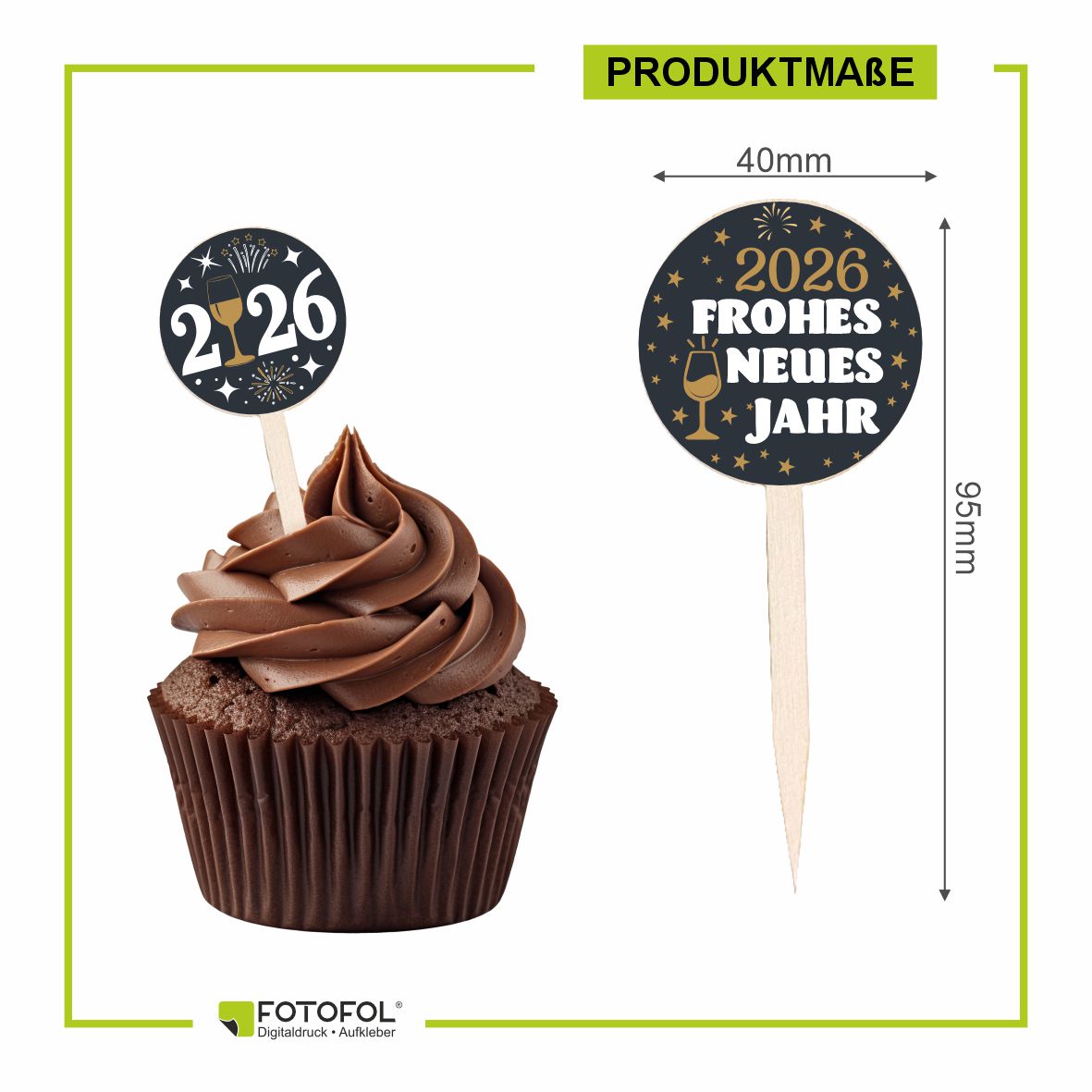 FOTOFOL - 12er Set Holz-Cupcake-Stecker mit 28 Aufklebern für festliche Muffins und Donuts.