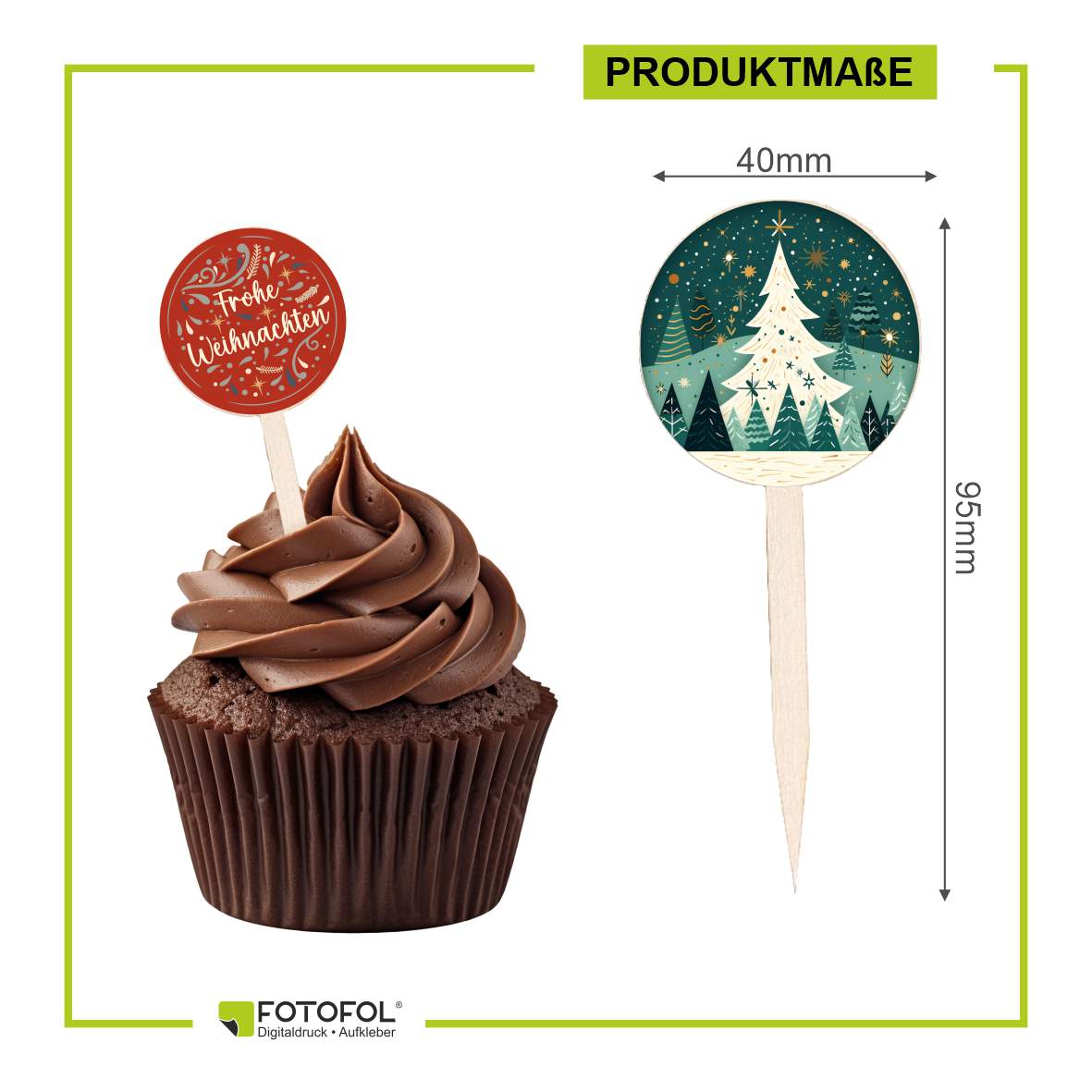 FOTOFOL - 12er Set Holz-Cupcake-Stecker mit 28 Aufklebern für festliche Muffins und Donuts.