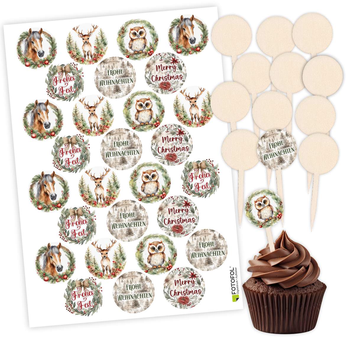 FOTOFOL - 12er Set Holz-Cupcake-Stecker mit 28 Aufklebern für festliche Muffins und Donuts.