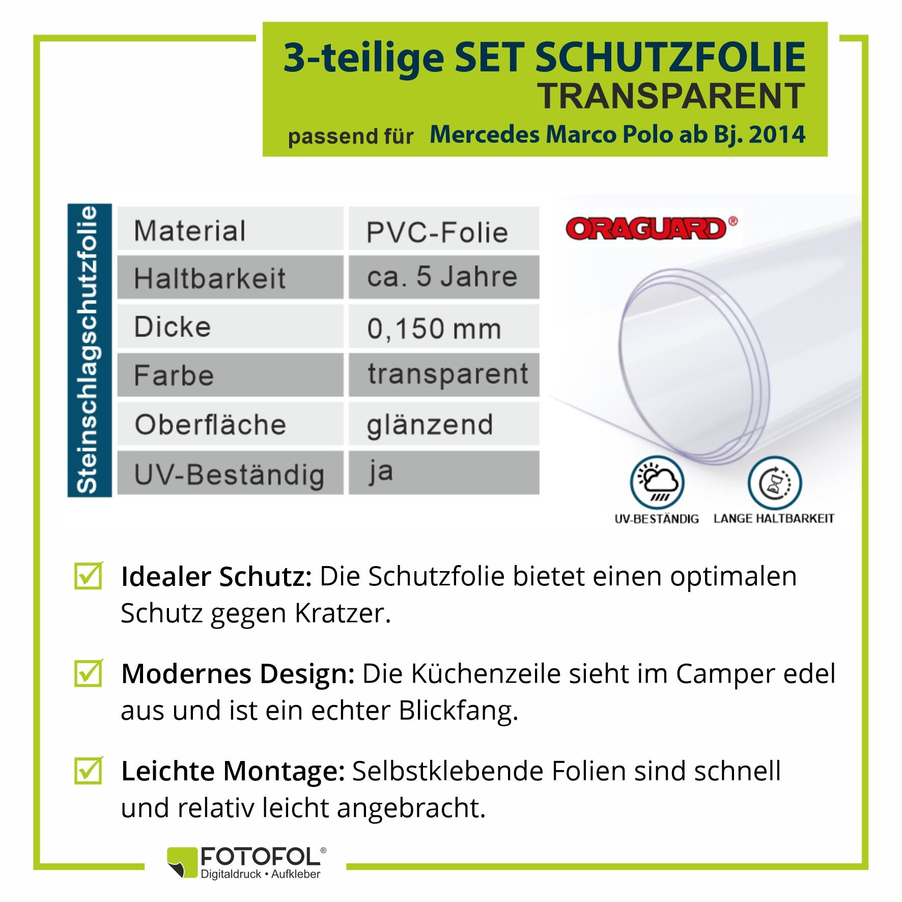 Schutzfolien-Set passend für Mercedes Marco Polo ab Bj. 2014 - FOTOFOL