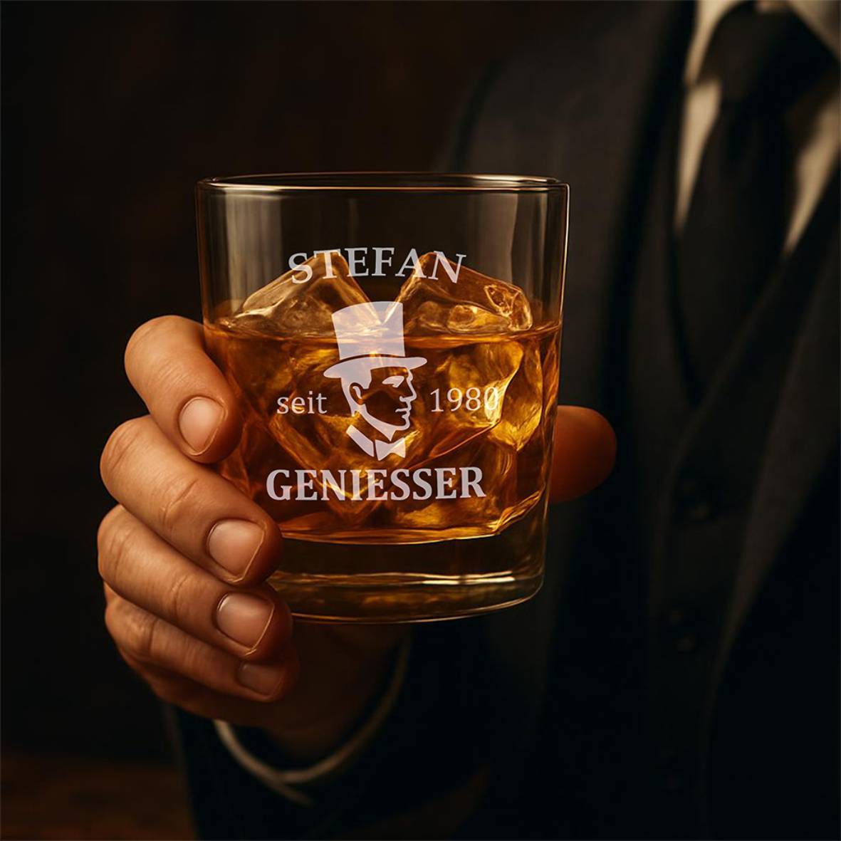 Personalisiertes Whiskey Glas "Geniesser" mit Name und Geburtsjahr - FOTOFOL