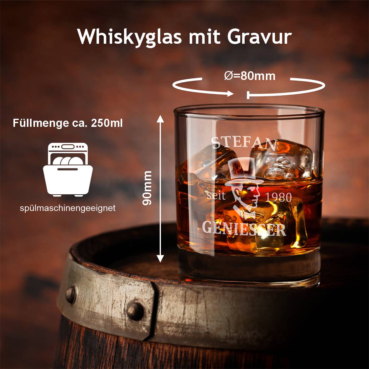 Personalisiertes Whiskey Glas "Geniesser" mit Name und Geburtsjahr - FOTOFOL
