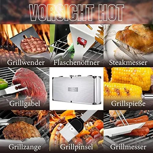 Grillkoffer Personalisiert mit Gravur I Grillzubehör 30-teilig Personalisiert mit Grillzange, Spießen, Steakmesser I Geschenkidee Vater Geschenke für Männer - FOTOFOL