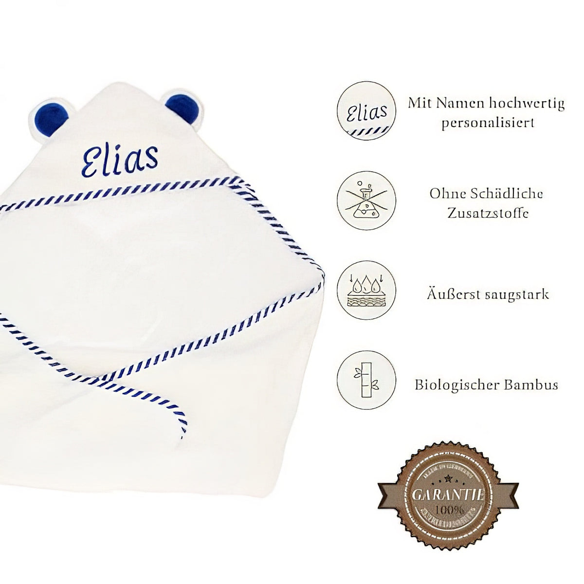 Kinder Kapuzenhandtuch PERSONALISIERT mit Name 90x90cm | 100% Bio Baumwolle | Blau