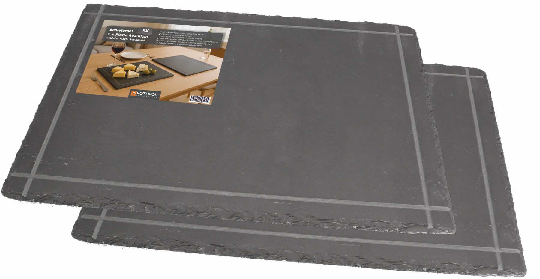 Eckige Schieferplatten 2 Stück – 30/40 cm – Servierplatten für Käse, BBQ & Tapas – auch mit Gravur - FOTOFOL