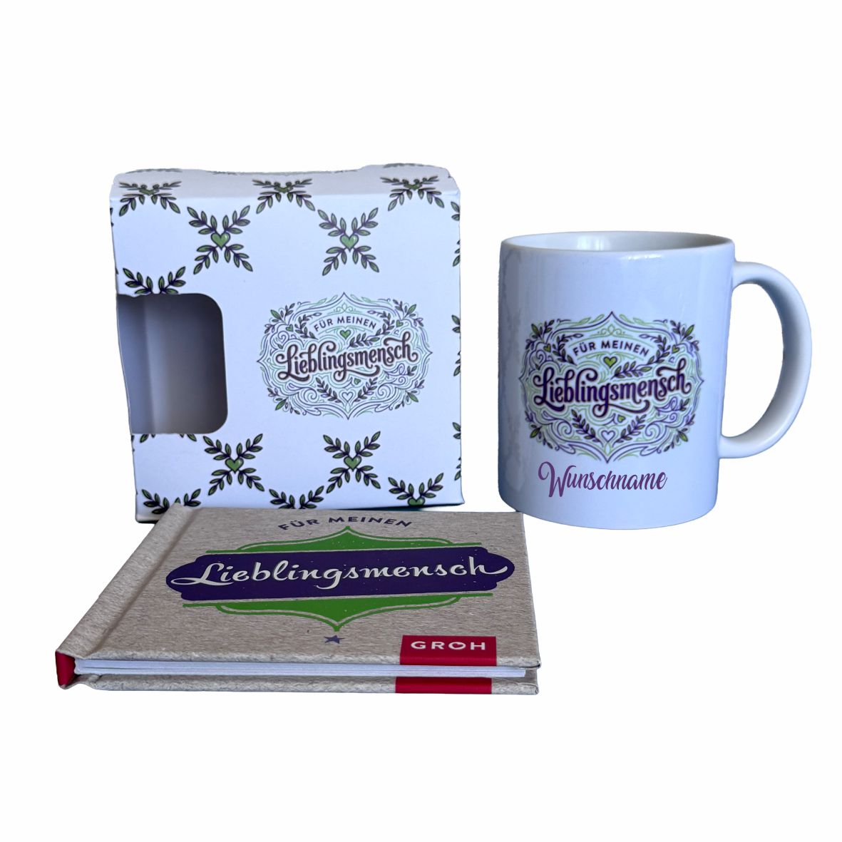 FOTOFOL - Personalisierte Tasse "Für meinen Lieblingsmensch" mit Name – Geschenkset inkl. Sprüche-Büchlein, 330 ml Keramiktasse mit Namen bedruckt, Geschenk für beste Freundin, Mama, Partner, Schwester