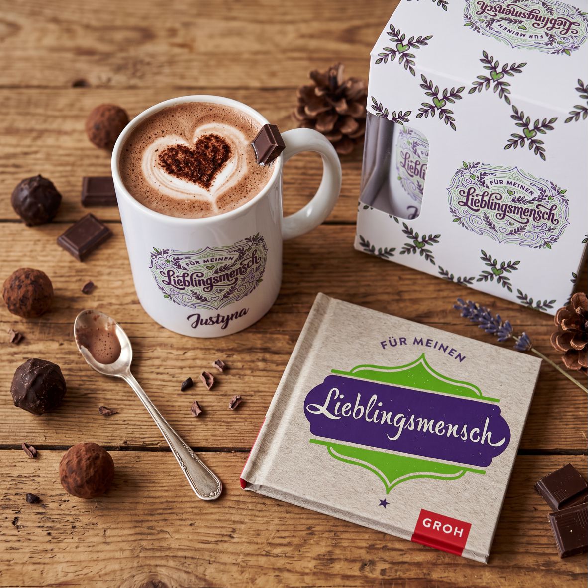 FOTOFOL - Personalisierte Tasse "Für meinen Lieblingsmensch" mit Name – Geschenkset inkl. Sprüche-Büchlein, 330 ml Keramiktasse mit Namen bedruckt, Geschenk für beste Freundin, Mama, Partner, Schwester