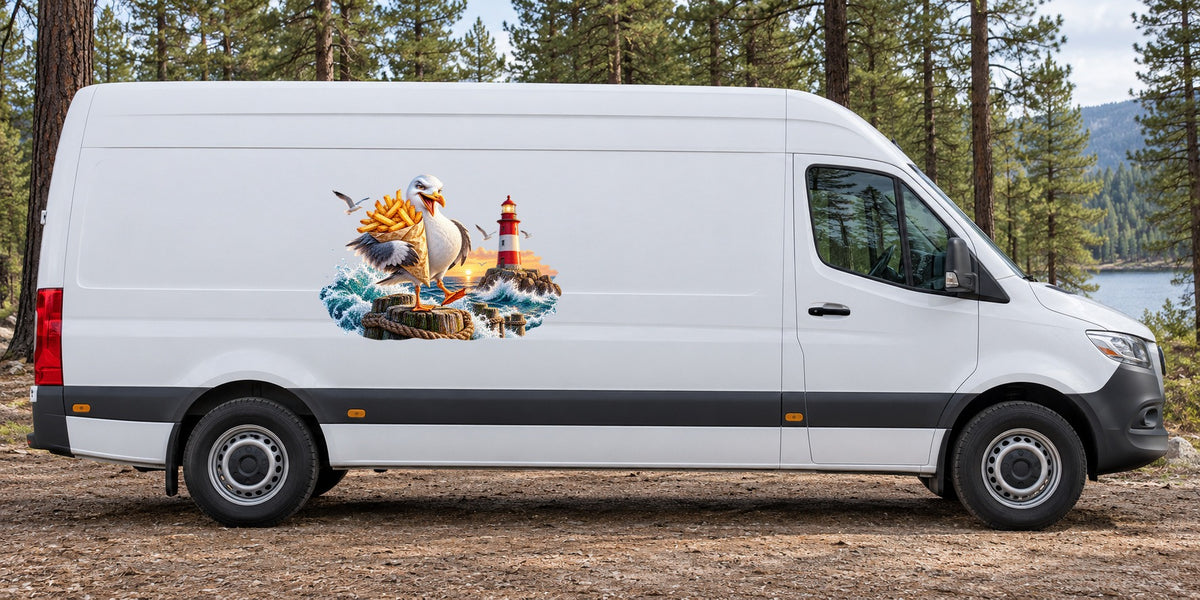 Möwe mit Pommes – Beispiel am Kastenwagen