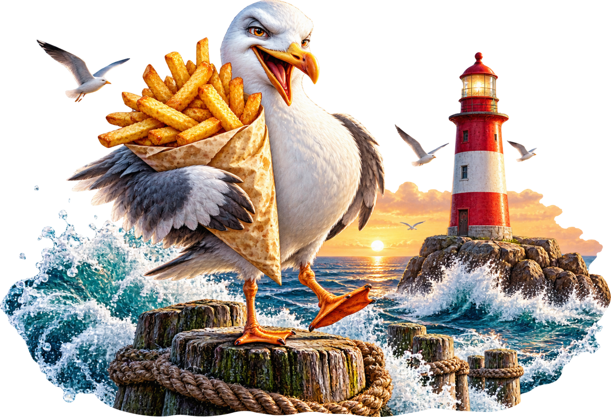 Möwe mit Pommes – Aufklebermotiv