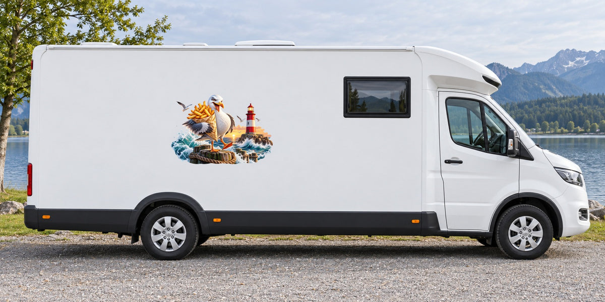 Möwe mit Pommes – Beispiel am Wohnmobil