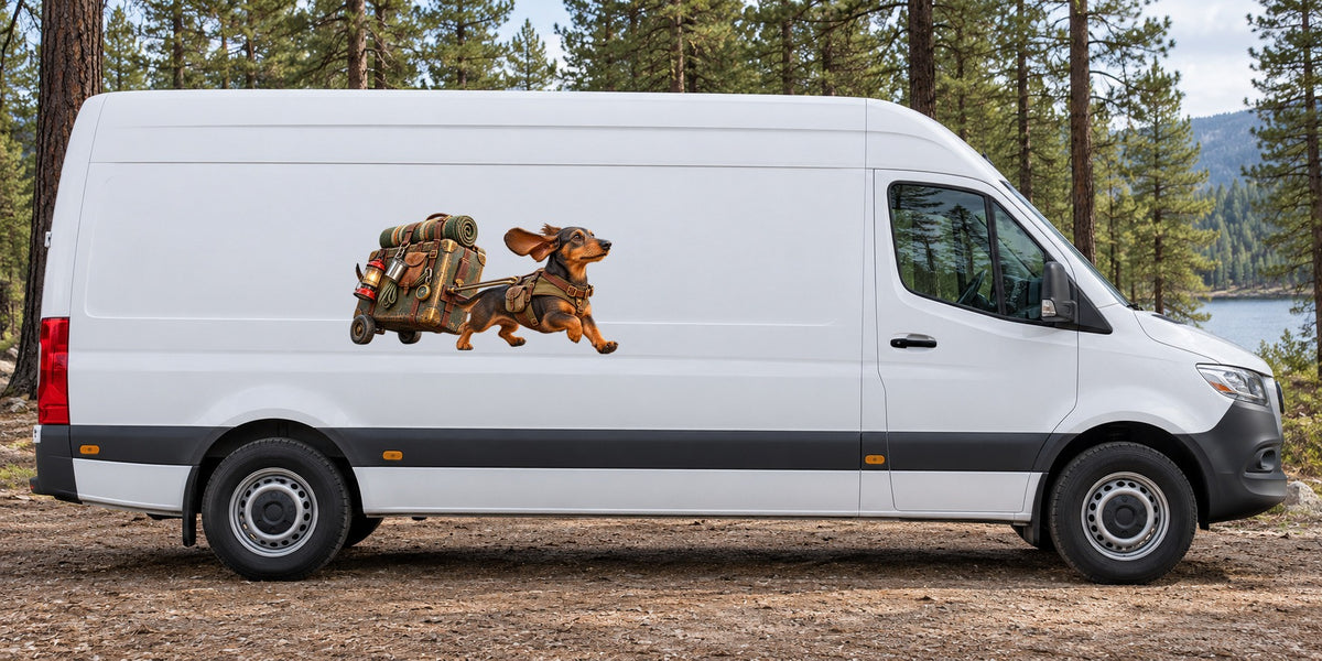 Dackel mit Reisekoffer – Beispiel am Kastenwagen