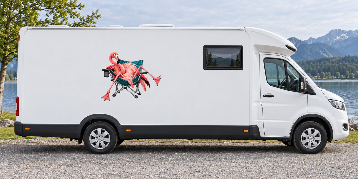 Flamingo am Faltstuhl – Beispiel am Wohnmobil