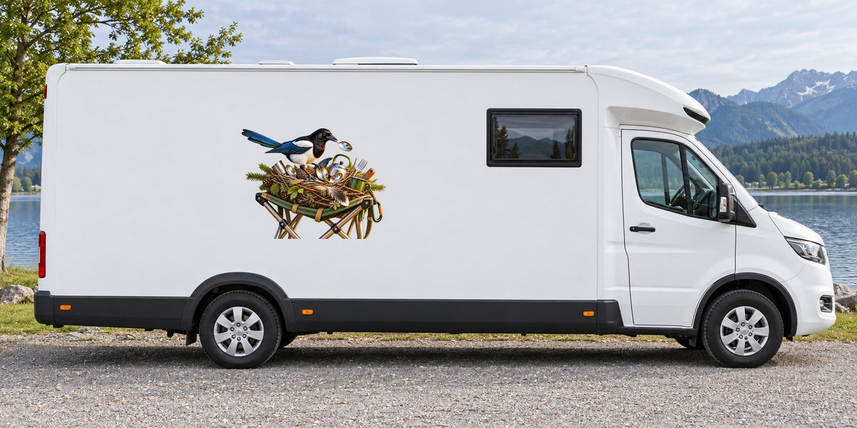 Elster sammelt Campingbesteck – Beispiel am Wohnmobil