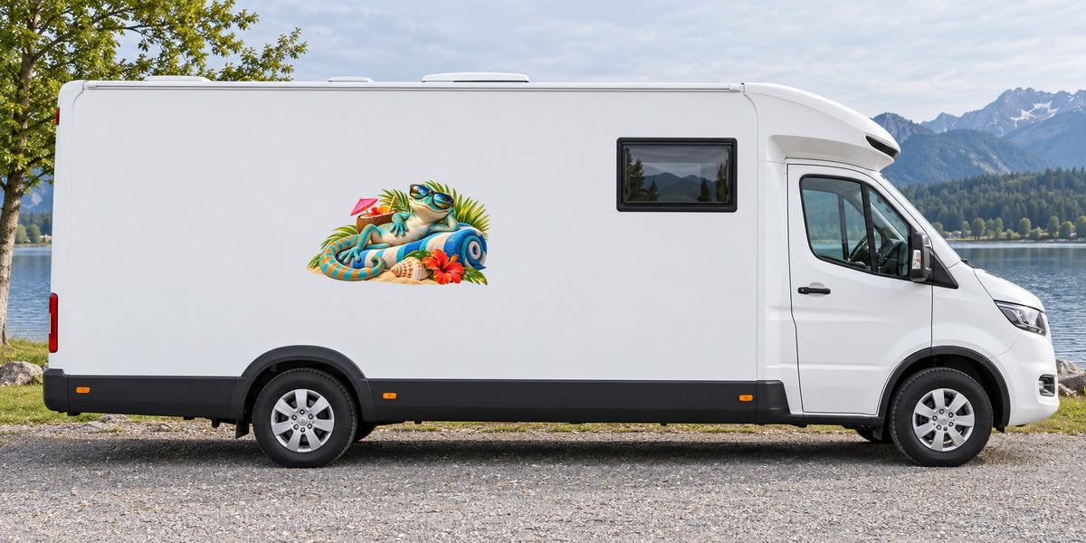 Gecko im Urlaubsmodus – Beispiel am Wohnmobil